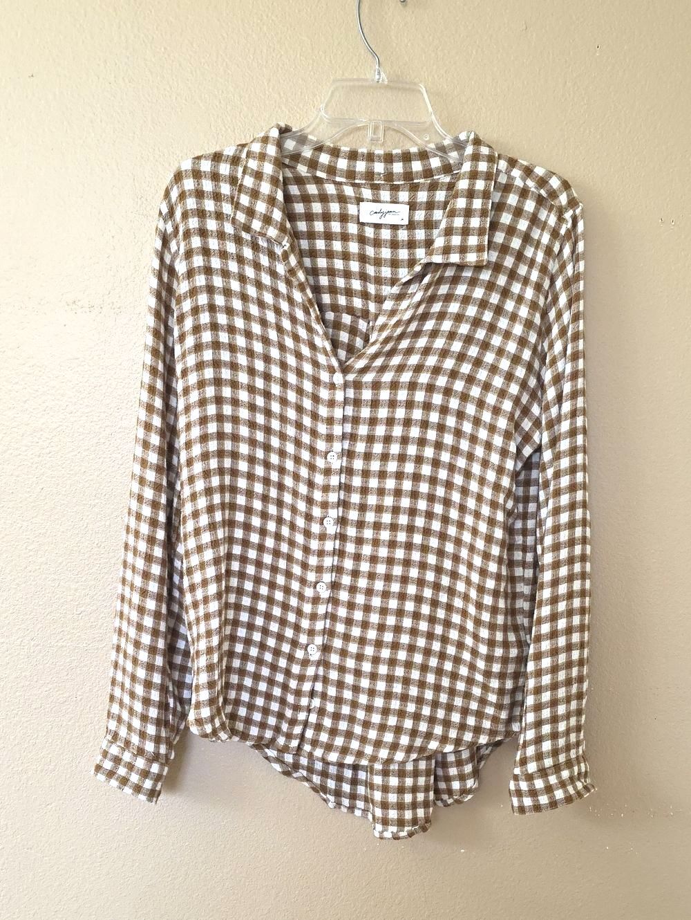Carly Jean Los Angeles Womens Roasted Pecan Gingham Button Down Shirt - Size M